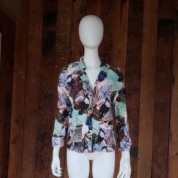 Zara Tropical Birds/Palm Print Top - Picture 1 of 11